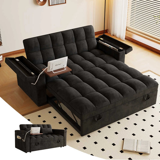 65" 3-in-1 Foldable Velvet Sofa Bed with USB Charging Port, Table Board and Storage Armrests, Adjustable Backrest Sleeper Couch for Living Room Apartment Guest Room, Black