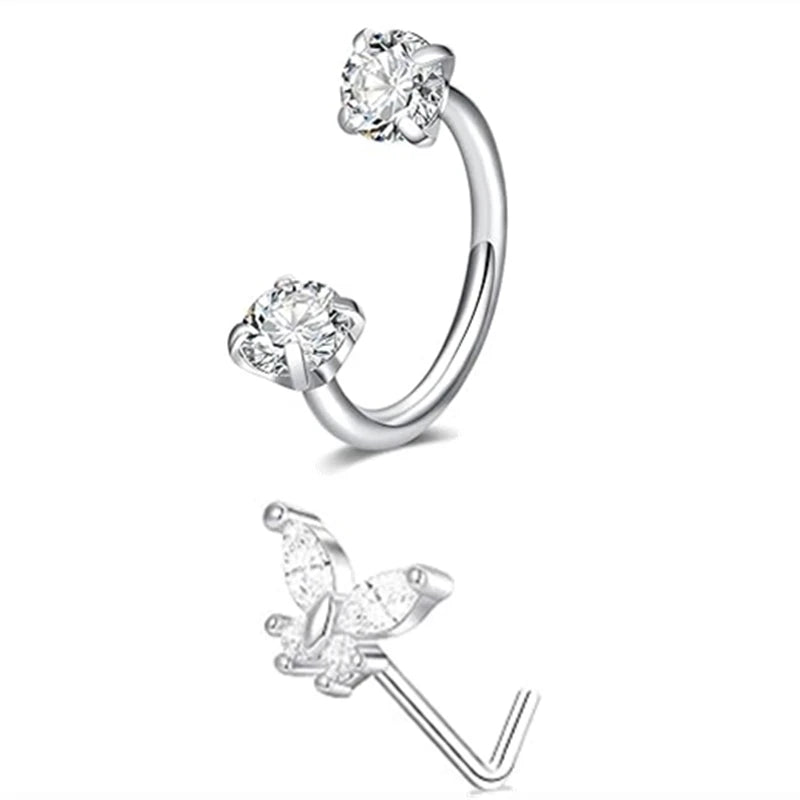 6/2pcs Horseshoe Nose Rings With L-Shape Nose Stud, Stainless Steel Rianbow CZ Nose Ring,, Lip Eyebrow Helix Ear Piercing