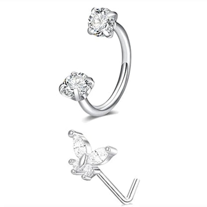 6/2pcs Horseshoe Nose Rings With L-Shape Nose Stud, Stainless Steel Rianbow CZ Nose Ring,, Lip Eyebrow Helix Ear Piercing