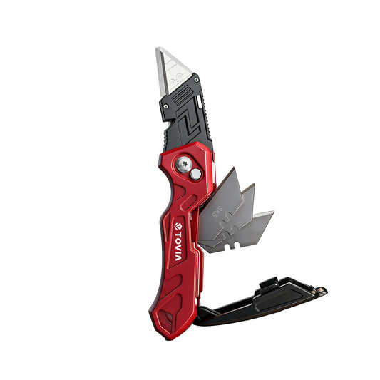T TOVIA Folding Utility Knife with Blade Storage - Quick-Change Retractable Box Cutter, 3 Extra Blades in Handle, Aluminum Body.