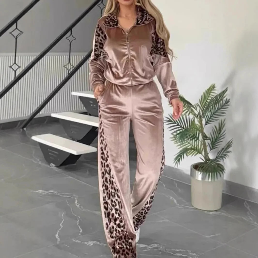 Women's 2-piece Set Retro Leopard Print Zipper Bomber Jacket Sweatshirt + High-waisted Trousers Sets Women's Velvet Pants Suit