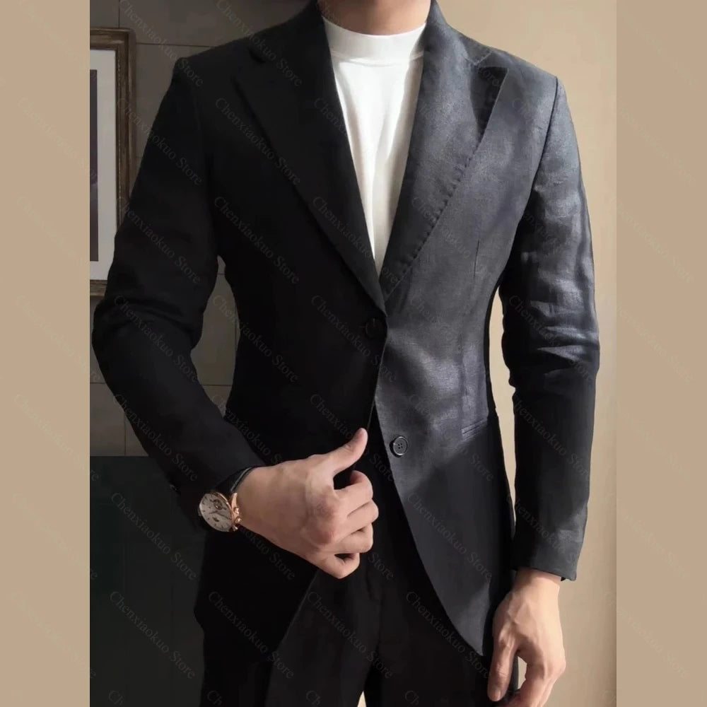 Chic Linen Men Suits 2 Piece Summer Single Breasted Notch Lapel Suit High Quality Wedding Casual Office Party Prom Costume Homme