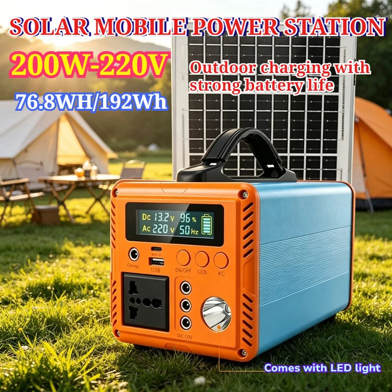200W Power Station 220V Solar Generator Outdoor Portable Solar Power 76.8Wh/192Wh LiFePo4 Battery for Camping Travel RV Home