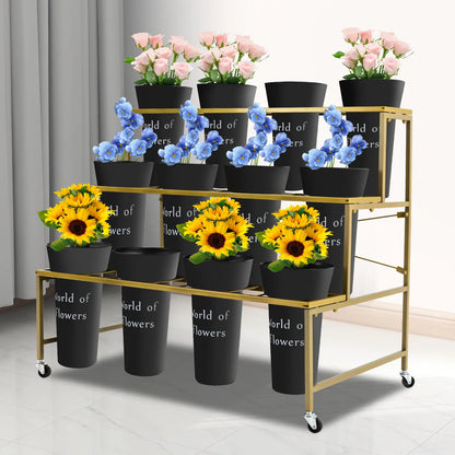 3-Layer Metal Flower Display Stand with 12 Round Buckets, Heavy Duty Rolling Plant Cart with Lockable Wheels, 110lbs Load Bearing Movable Plant Shelf for Indoor Living Room Balcony Florist