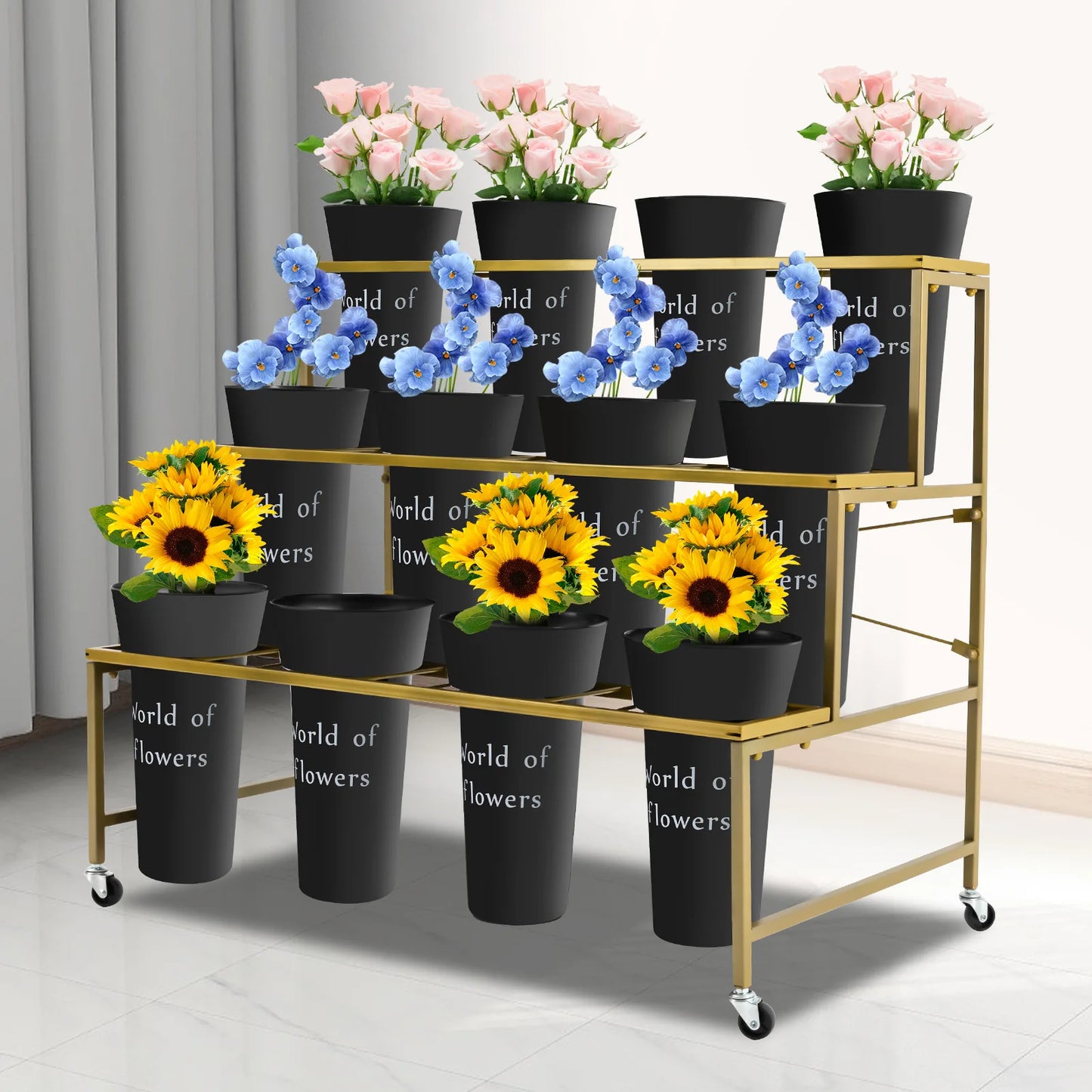 3-Layer Metal Flower Display Stand with 12 Round Buckets, Heavy Duty Rolling Plant Cart with Lockable Wheels, 110lbs Load Bearing Movable Plant Shelf for Indoor Living Room Balcony Florist