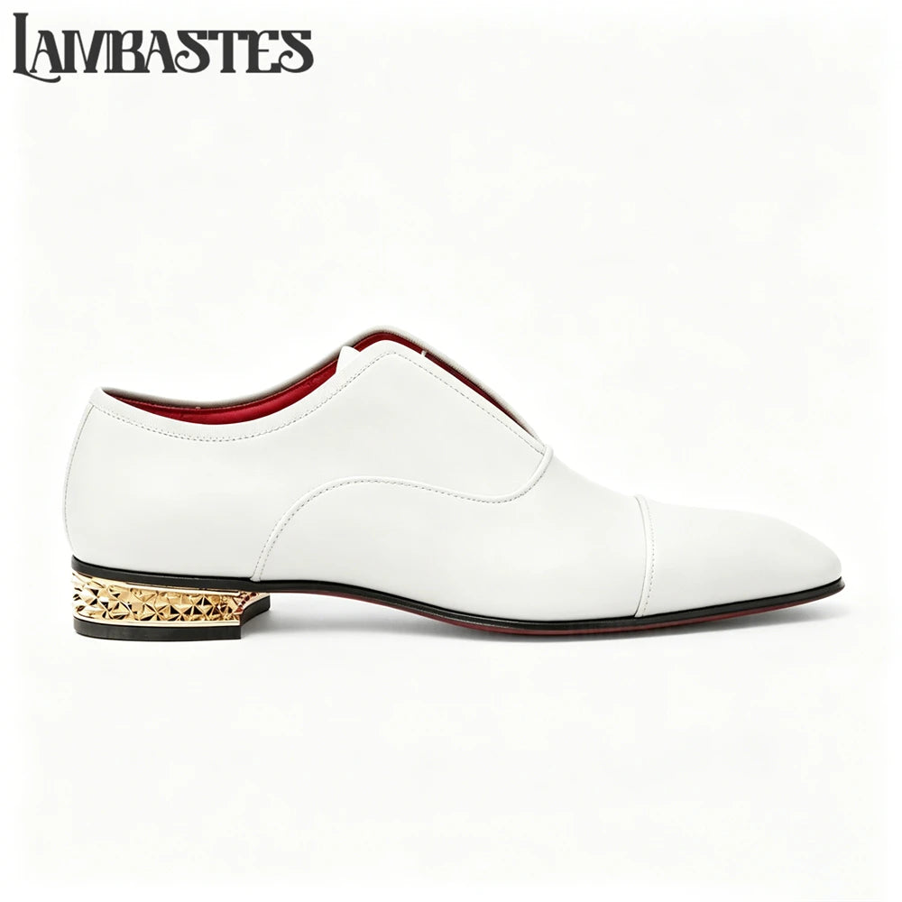 Gold Geometric Heel Patent Leather Mens Loafers Polished Glossy Upper Red Lining Formal Dress Shoes Embossed Gold Heel Loafers