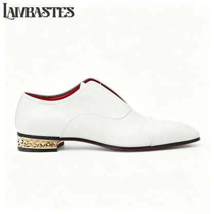 Gold Geometric Heel Patent Leather Mens Loafers Polished Glossy Upper Red Lining Formal Dress Shoes Embossed Gold Heel Loafers