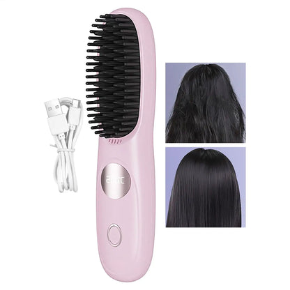Hair Straightener Brush 3 Level Cordless USB Charging Straightener Portable Mini Straightening Brush for Home Travel