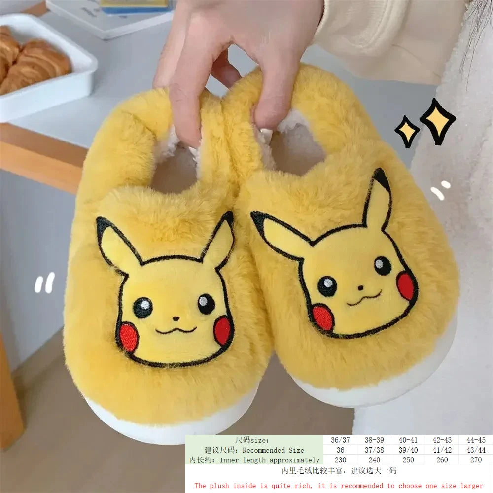 Popular anime Pokemon Pikachu Eevee Couple Cotton Slippers Winter Cute Cartoon Men Women Shoes with Velvet Insulation Anti slip