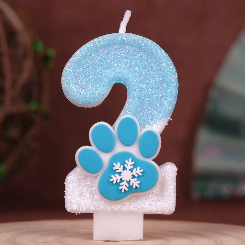 Cat Paw Theme 0‑9 Number Birthday Candle Blue White Glitter Cake Topper With Snowflake Cat Paw Ornament Cake Decoration Supplies