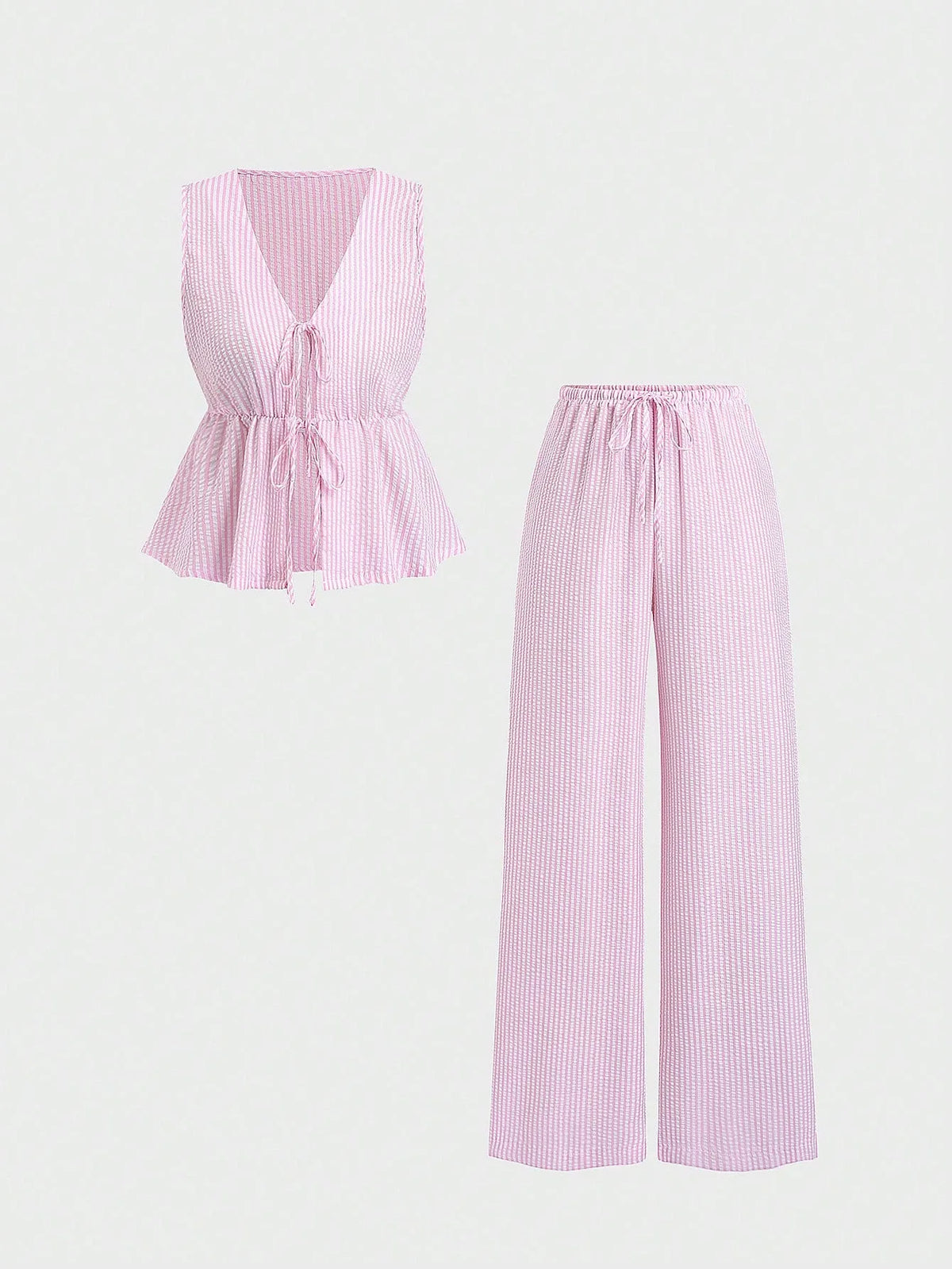 Women's Striped Pants Set | Tie-Front Peplum Top & Wide-Leg Pants | Casual Outings & Travel