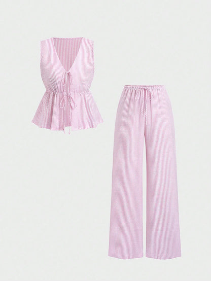 Women's Striped Pants Set | Tie-Front Peplum Top & Wide-Leg Pants | Casual Outings & Travel