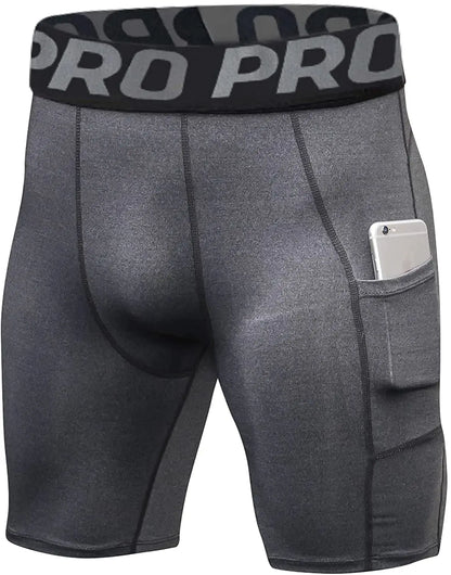 Men's Sports Compression Shorts with Pockets Gym Workout Polyester Boxer Briefs Running Basketball Bike Athletic Short