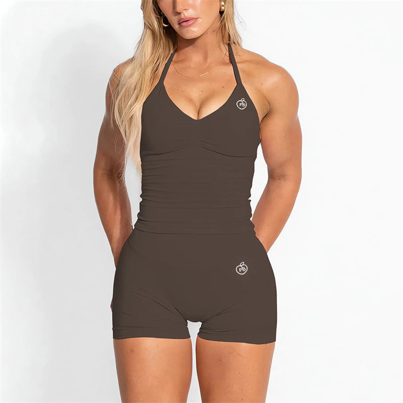 Bum PB Women Sports Yoga Suit Balance Scrunch Shorts Sets Gym Fitted Halter Built-in Bra With Cups Leggings Sets