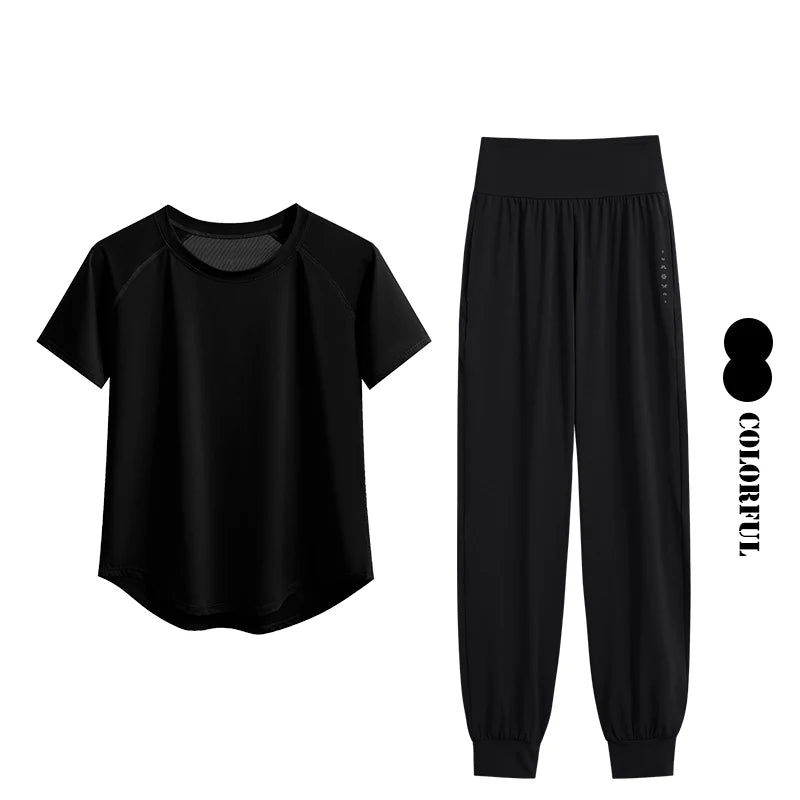 DRUR S-4XL Yoga Set Women Sport Shirts Gym Pants Set 2 Piece Short Fitness Tops Sweatpants Suit Female Summer Sportswear Outfit