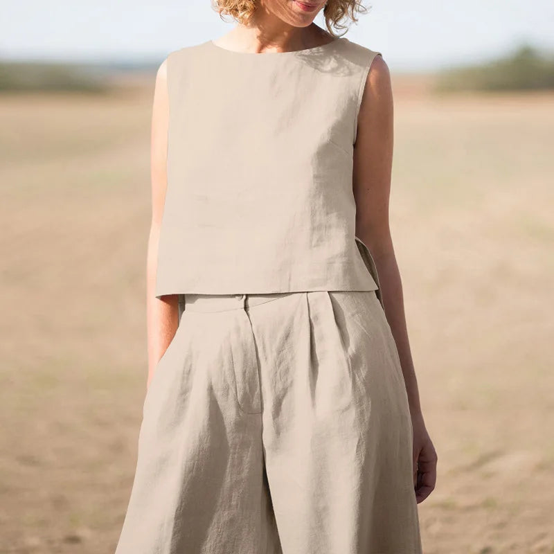 Summer Cotton And Linen Casual Outfits Female Fashion Solid Color Two-piece Set For Women Sleeveless Top Trousers Women's Suit
