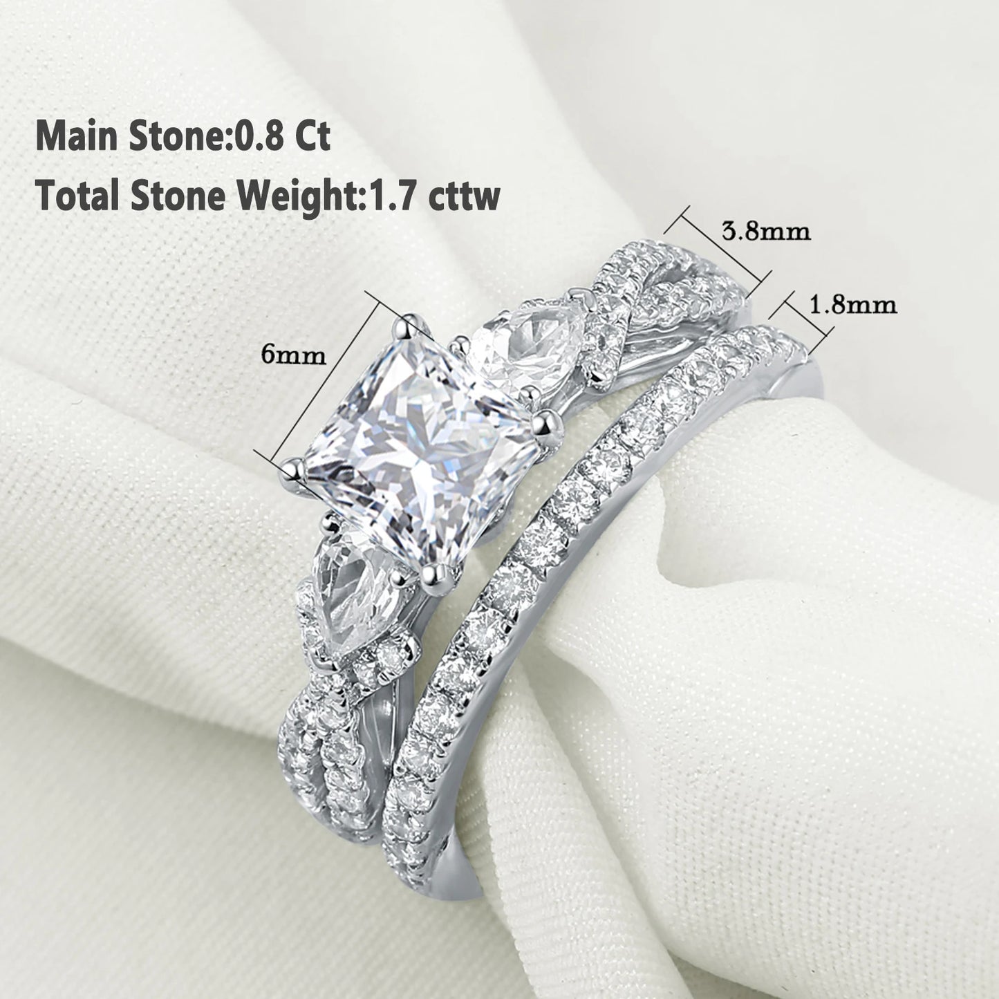 Newshe 2 Pcs Wedding Ring Set 925 Sterling Silver Moissanite Certified Princess Pear Cut Engagement Rings for Women Fine Jewelry