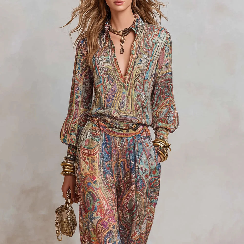 Boho Paisley Print Two-Piece Set for Women Sexy V-Neck Long Sleeve Blouse Top & Wide Leg Pants Casual Loose Suit for Vacation