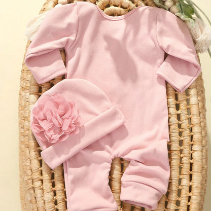 2pcs Newborn Rompers Spring Autumn Baby Girl Clothes Floral Cotton Blend Jumpsuit Overall + Hat Suit for 0-6 months