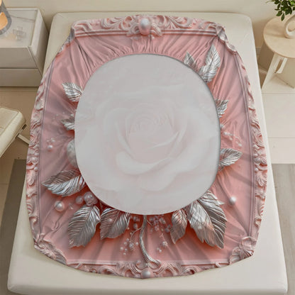 1pc 3D Embossed Pink Rose Print Fitted Sheet Deep Pocket Elastic Mattress Cover Single Double Queen King Bedroom Decor
