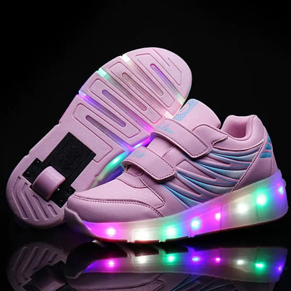 Children LED Flashing Luminous Double Wheels Roller Skating Shoes Boys Girls Glowing Roller Skates Sneakers Male Female Adult