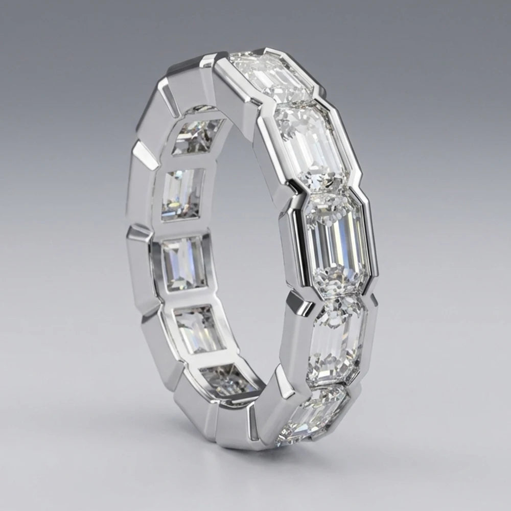 KNOBSPIN 3x5mm Emerald Cut Moissanite Eternity Band Ring D VVS1 Lab Created Diamond S925 Sterling Silver Wedding Rings for Women