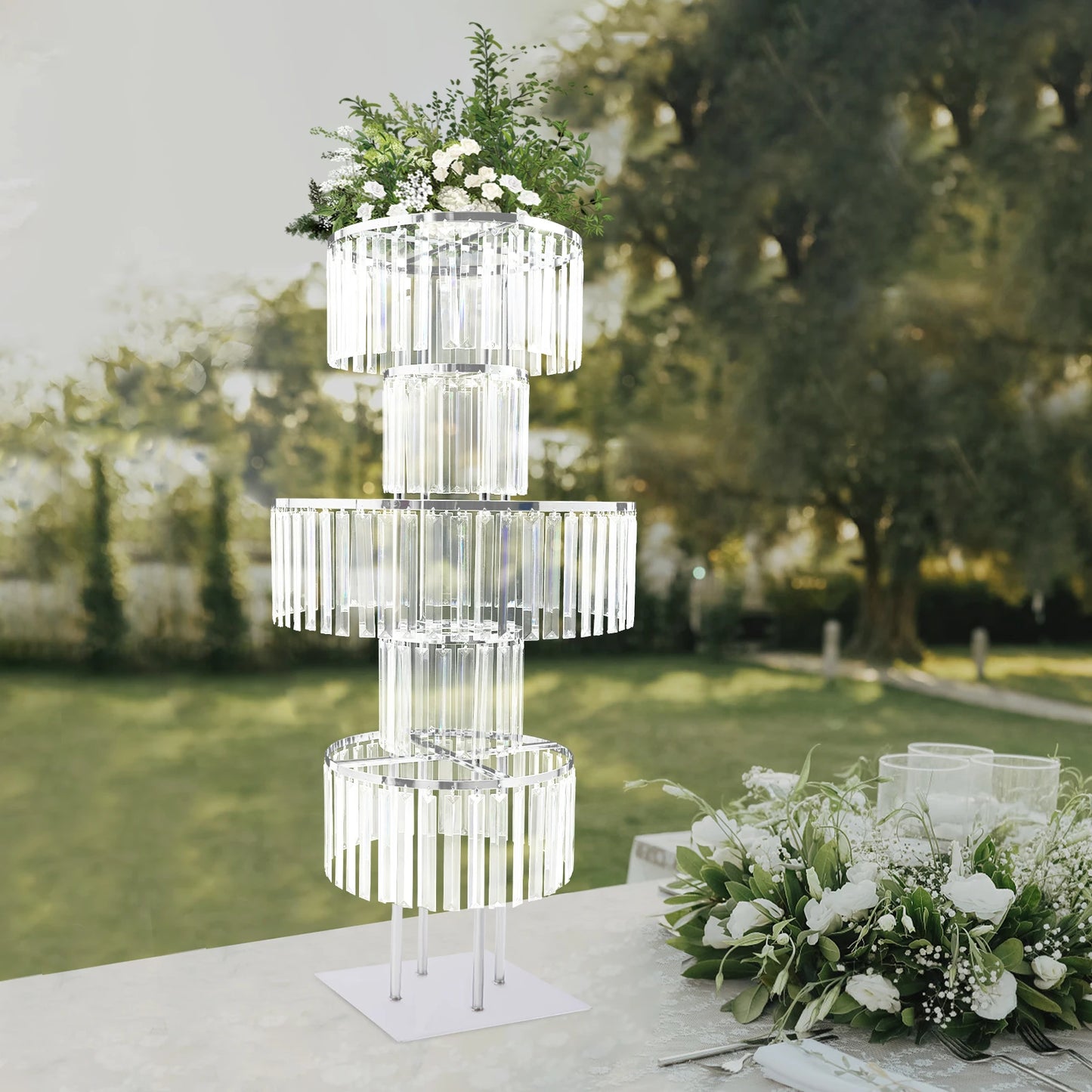 5 Tiers Gold/Silver Wedding Centerpieces Flower Stand Vase Centerpiece Acrylic Flower Stand with Hanging Acrylic