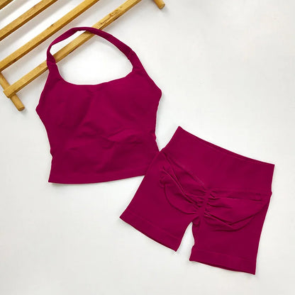 VEQKING Seamless 2pcs Women Yoga Sets Open Back Longline Sports Halter Bras Running Tank Tops Scrunch Butt Gym Workourt Shorts