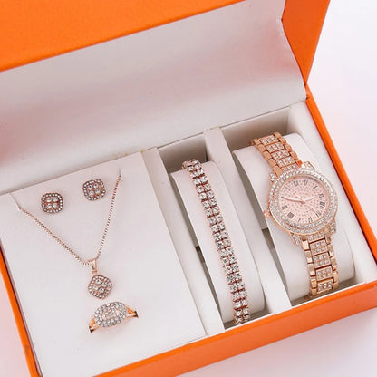 6Pcs/Set Women's Rhinestone Quartz Watch Set Fashion Wrist Watch & Jewelry Set Gift.▪