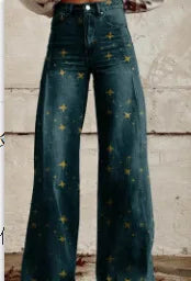 Women's 3D Printed Flare Jeans-Polyester Wide Leg Pants with Distressed Vintage Look, High Waist Comfort Fit for Street Fashion