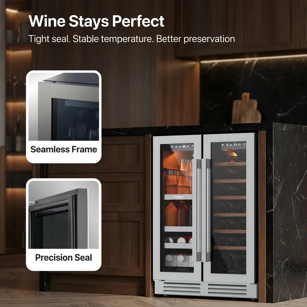 24 Inch Dual Zone Beverage Wine Fridge 60 Can 21 Bottle Glass Door  Built-In Digital Touch Control Home Office Bar