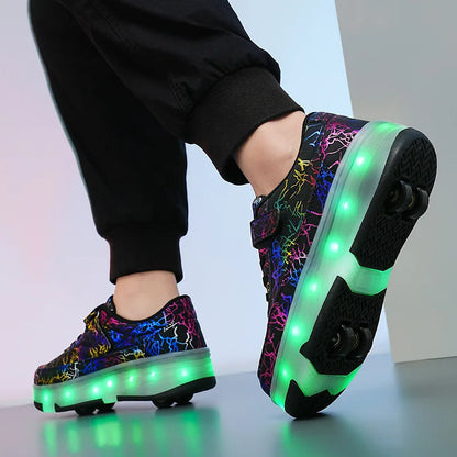 Children Roller Skates Shoes Boy Girl with 4 Wheels Kid Student LED Light Sneaker Running Adult Casual Sport Walking Shoes 27-40