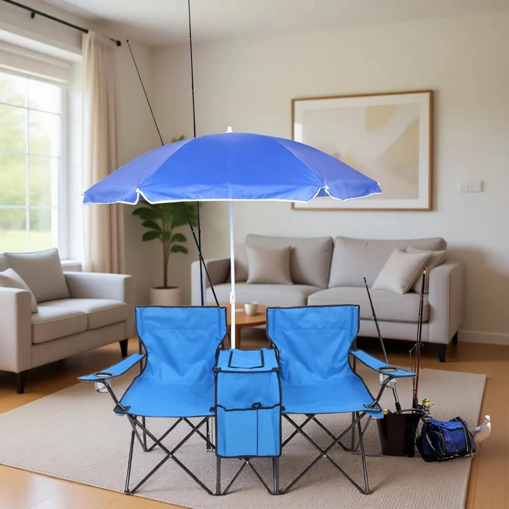 Folding Double Camping Chair with Umbrella and Cooler for Outdoor Use - Portable, Large Capacity, Ideal for Beach, Park, Pool
