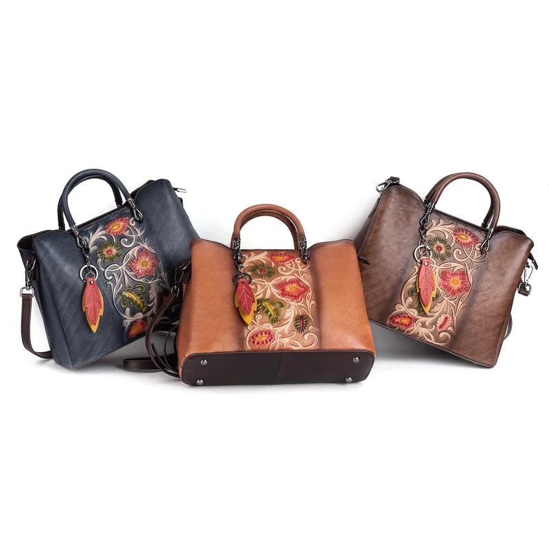 Vegetable-tanned genuine leather women's handbag, hand-embossed and colored crossbody bag, high-end single-shoulder bag