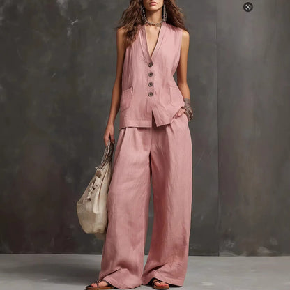 Outfits For Women 2 Piece Set Single-breasted Vest Pocket Solid Color Top Women Pocket Wide-leg Trousers Women's New Summer Suit