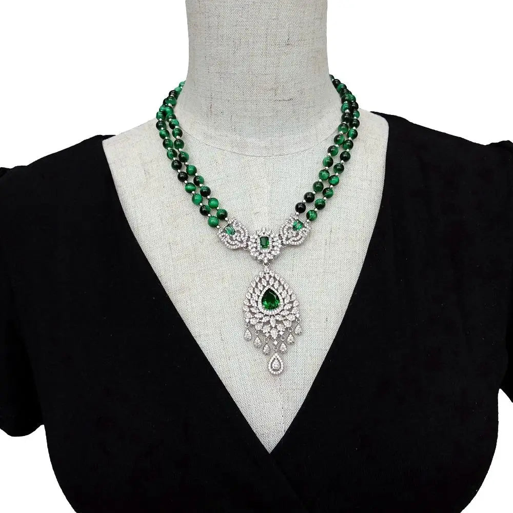Y·YING 2 Strands Green Tiger Eye Cz Pave Pendant Necklace Gemstone Necklaces Jewelry Women