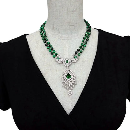 Y·YING 2 Strands Green Tiger Eye Cz Pave Pendant Necklace Gemstone Necklaces Jewelry Women