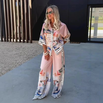 Autumn New Half-sleeved Printed Shirt Trousers For Women 2-piece Set Loose Simple Casual Elegant Female Streetwear Trousers Suit