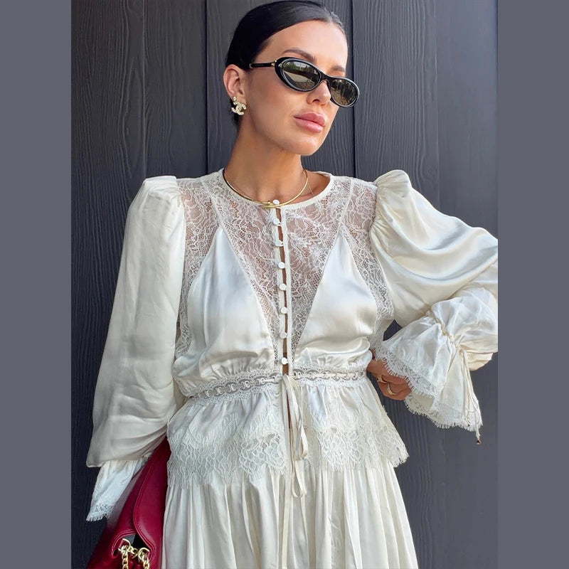 Deep V-Neck Lace Trim Cutout Waist Maxi Dress Elbow-Sleeve Lace Trim Chiffon 2026 Summer Elegant Women Vacation Boho Outfit