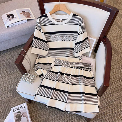 Women Plus Size Summer Regular Short Sleeve Suits Casual Strecth Cute Outfits Women Stripe O Neck Loose Two Piece Shorts Sets