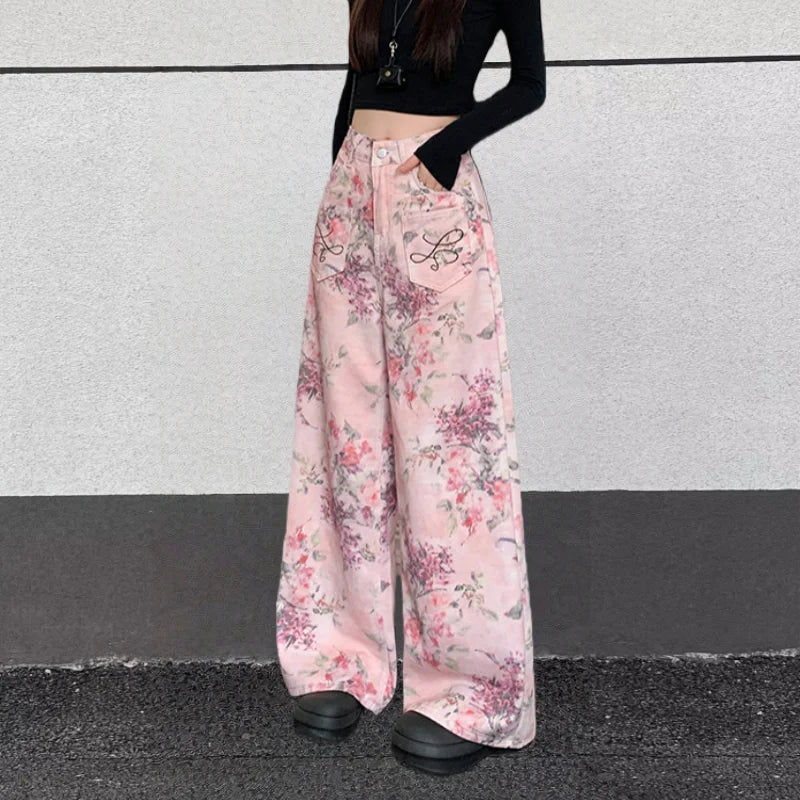 2025 Trend Y2K Style Flowers Printed Pink Baggy Women's Jeans Pants Woman Clothing Korean Casual Cotton Long Trousers Ropa Mujer