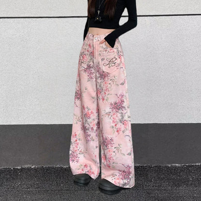 2025 Trend Y2K Style Flowers Printed Pink Baggy Women's Jeans Pants Woman Clothing Korean Casual Cotton Long Trousers Ropa Mujer