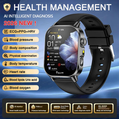 New Men Accurate Health Diagnosis ECG Smart Watch Blood Pressure Blood Oxygen Blood Fat Uric Acid Temp Bluetooth call Smartwatch