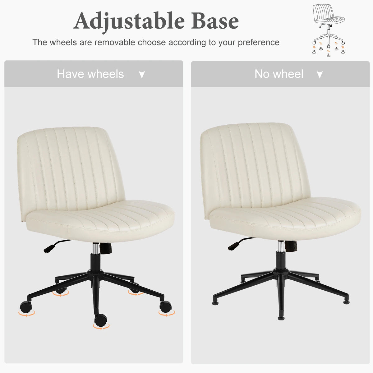 Armless Office Chair | Adjustable Swivel Seat with Casters or Foot Pads | Home, Work & Study