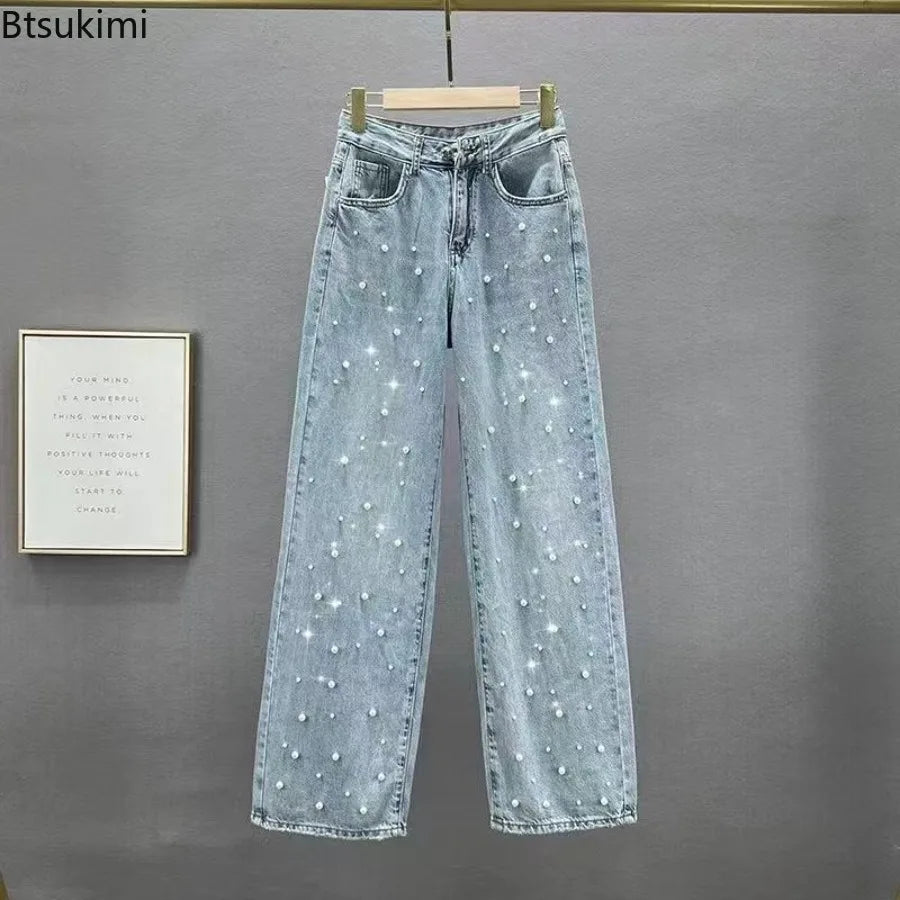 Beaded High-Waist Straight Jeans | Elegant Splice Denim | Women's Casual Streetwear Pants