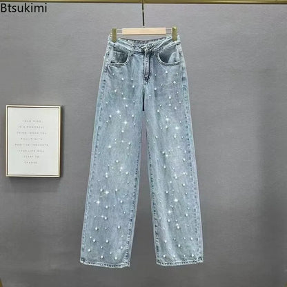 Beaded High-Waist Straight Jeans | Elegant Splice Denim | Women's Casual Streetwear Pants
