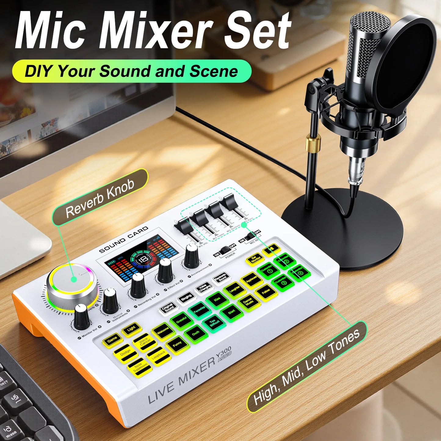 Tenlamp Y300-P15B Professional Podcast Equipment Bundle Kit for 4 People, Studio Sound Card with 3.5mm Condenser Mic  for PC Smartphone Laptop Computer , Live Audio Mixer Voice Changer for Streaming Singing Gaming Recording V