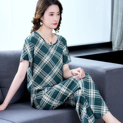 Cotton Silk Suit Summer Women's Sets New Casual Solid Color Short Sleeve Ankle-Length Pants 2 Piece Set Middle Age Mother Outfit