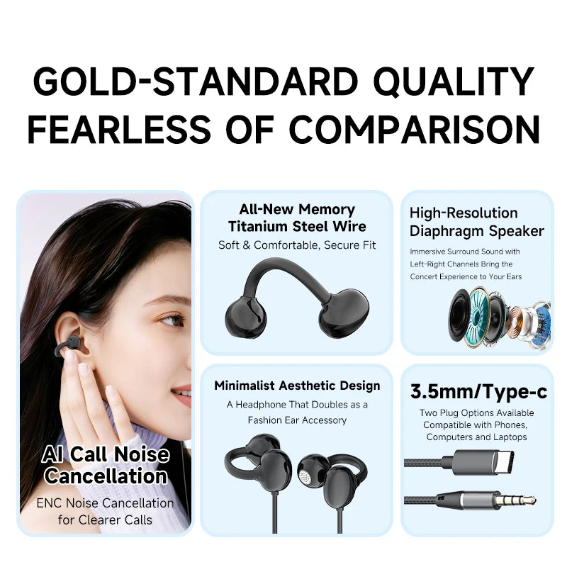 Hellodigi Wired Earphones With Microphone Ear Clip Wired Earbuds 3.5mm/Type-C Plug for PC Laptop iPhone 15 Samsung HIFI Earsets