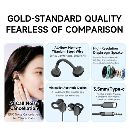 Hellodigi Wired Earphones With Microphone Ear Clip Wired Earbuds 3.5mm/Type-C Plug for PC Laptop iPhone 15 Samsung HIFI Earsets